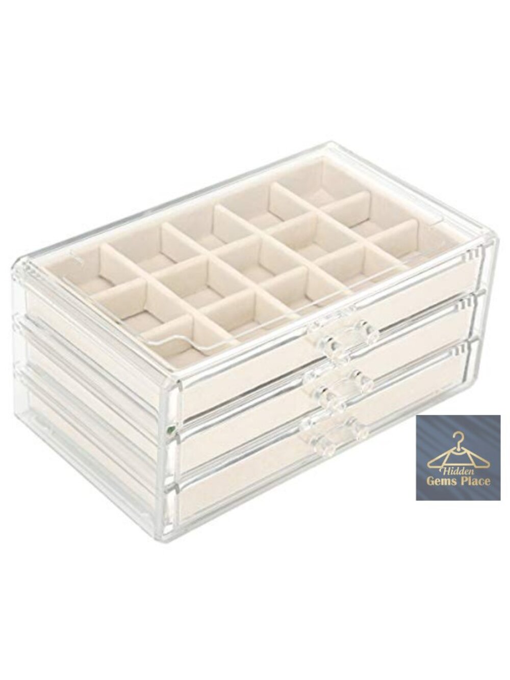 Acrylic Jewelry Organizer with 3 Drawers, Velvet Trays, 45 Compartments, Clear